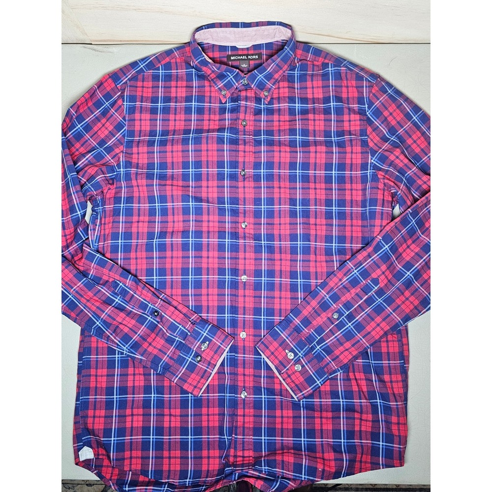 Michael Kors Mens Red Blue Plaid Long Sleeve Button Down Shirt Large CR74CJ249Z